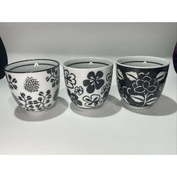 Lot of 3 Pier 1 Imports 4 oz Akina Sake Tea Cups Black White Floral Design 2.5” - Picture 4 of 7